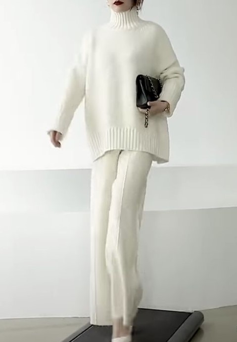 Women's Elegant Ribbed High neck White Suit