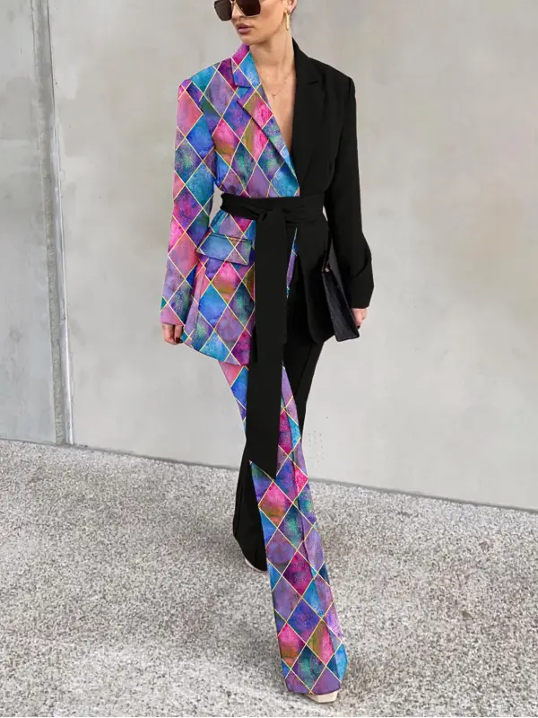 Women's Fashionable Geometric Print Stitching High Waist Suit - Minicousa.com 