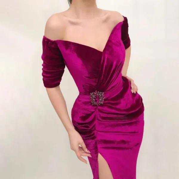 Women's Elegant Rose Red Velvet V-neck Drop-shoulder Evening Gown - Seeklit.com 