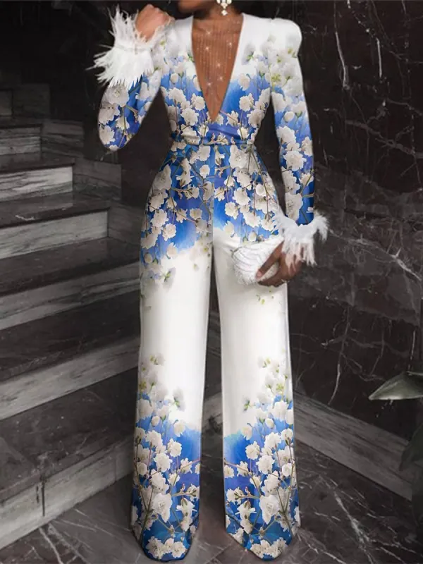 Women's Fashion Color Block Floral Feather Cuff Jumpsuit - Anystylish.com 