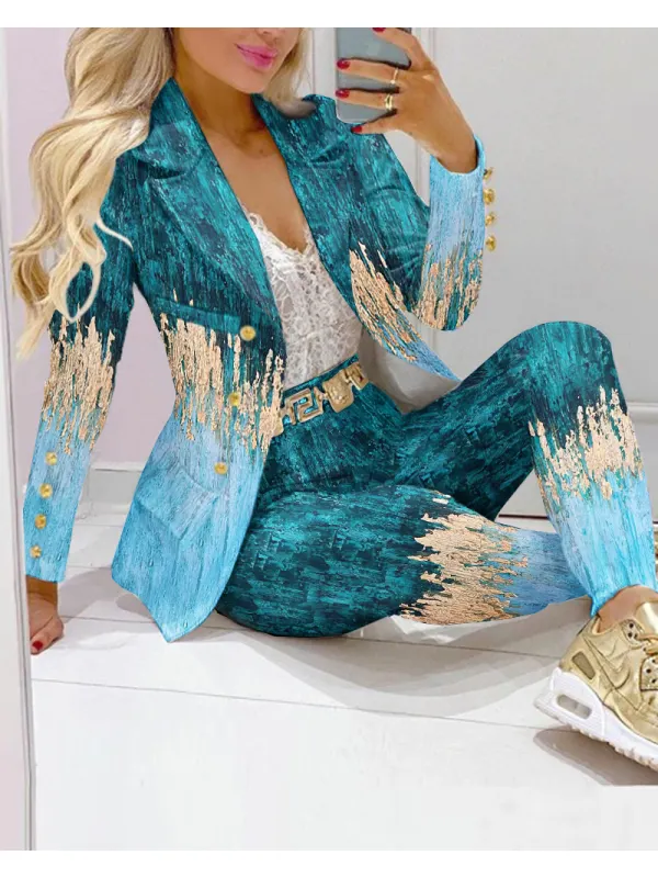 Женский модный синий бронзовый костюм с градиентным принтом - Funluc.com 