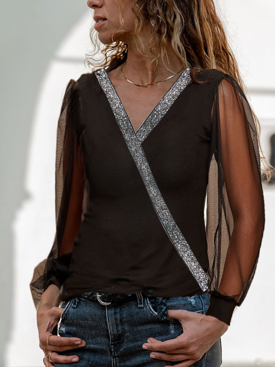 Fashion Sequin Print V neck Mesh Sleeve Top Women