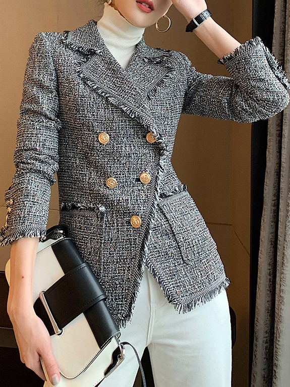 Women's Fashionable Slim Gold Double breasted Tweed Lapel Blazer