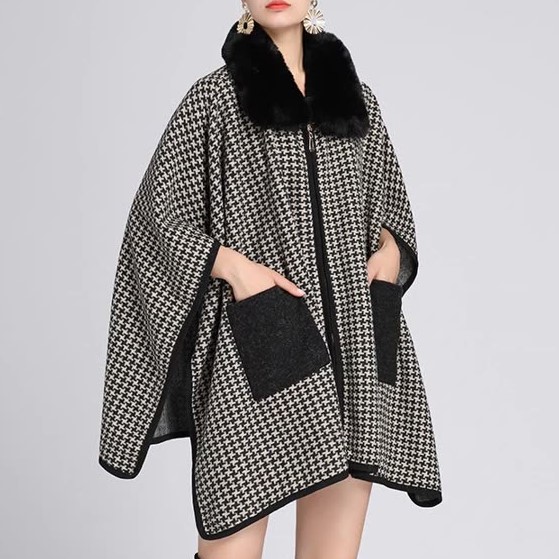 Women's Elegant Houndstooth Imitation Rex Rabbit Fur Collar Shawl Cloak Loose Woolen Coat