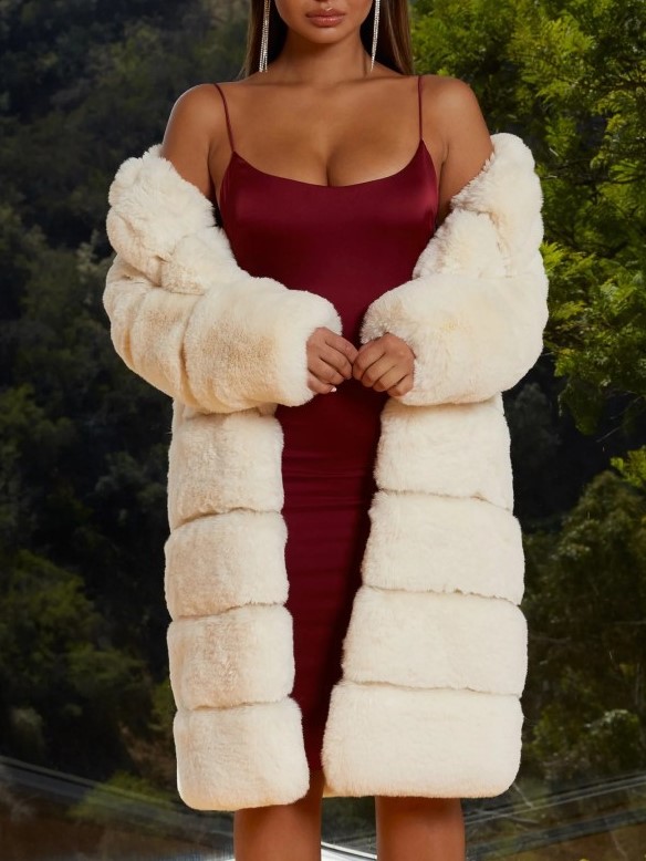 Women's Fashionable Faux Fur Striped Stitching Mid length Plush Jacket