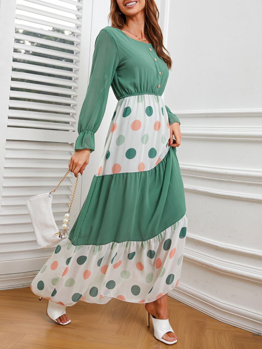 Young Lady's Green Dot Chiffon Dress