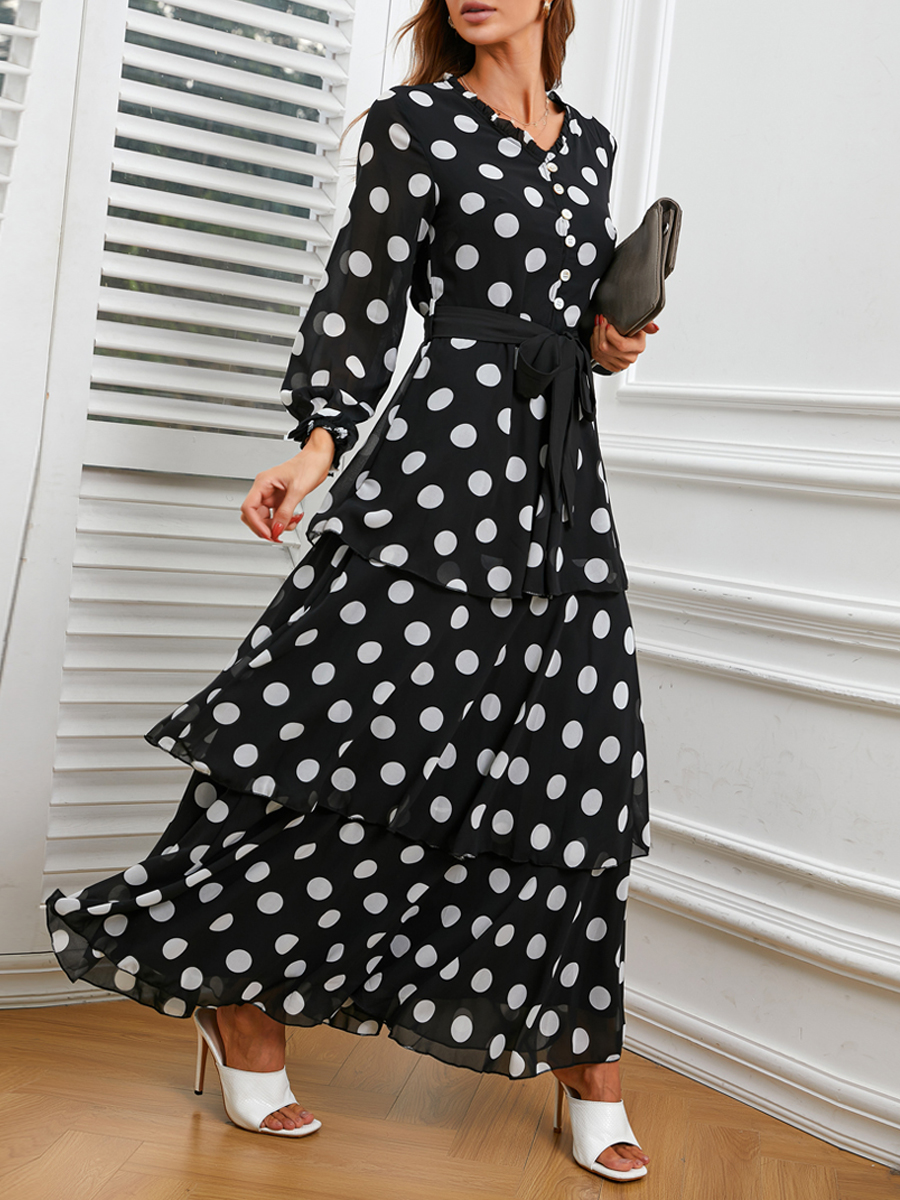 Elegant Dot Chiffon Layed Long Dress