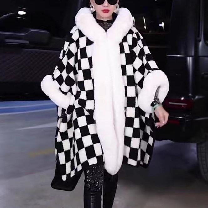 Ladies Fashion Rex Rabbit Fur Contrast Checkered Cape Cloak Jacket