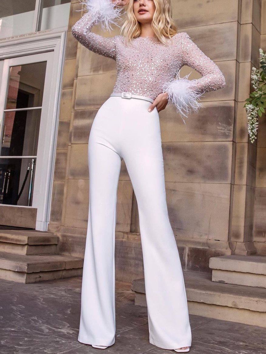 Women's Fashion Feather Sequin Panel Slim Fit Sexy Jumpsuit