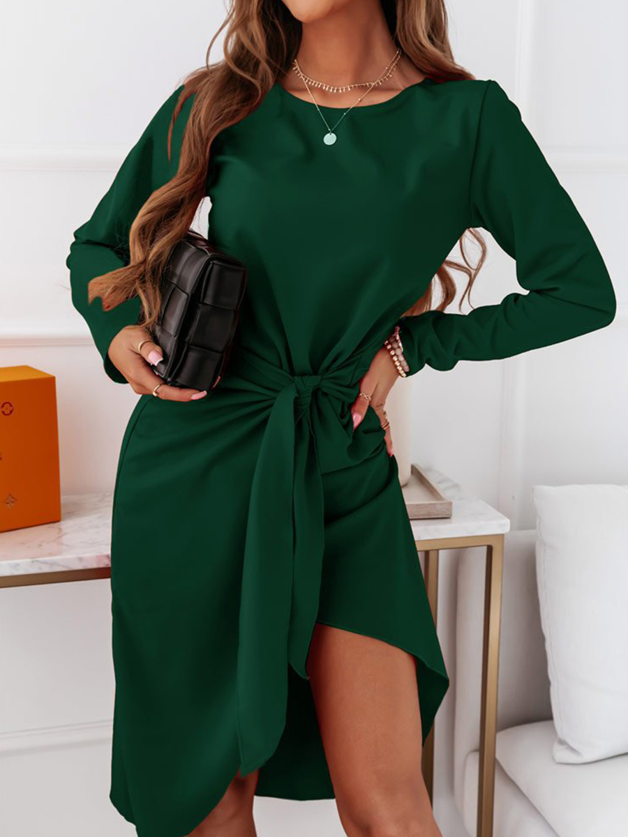 Long Sleeve Tie Off Hem Solid Dress
