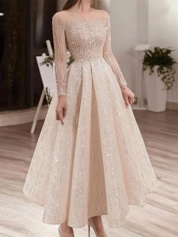 Elegant Long Sleeve Trim Sequined Dress - Anystylish.com 