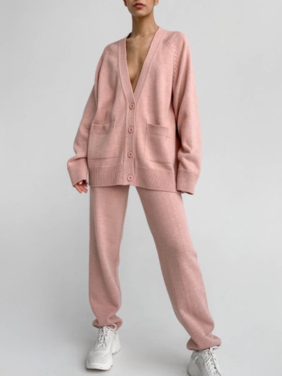 Women's Simple Casual Solid Color Raglan Sleeve Long Sleeve Loose Cardigan Suit