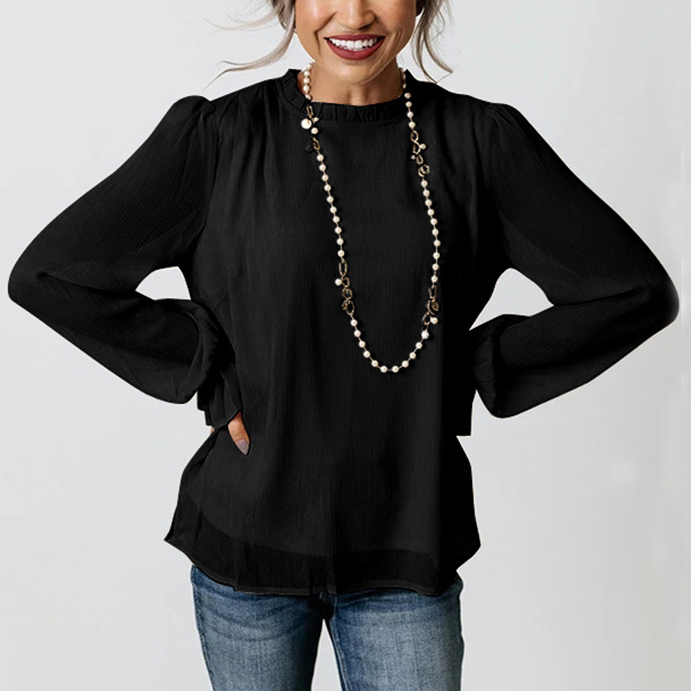 Chiffon Ruffle Neck Long Sleeve Blouses