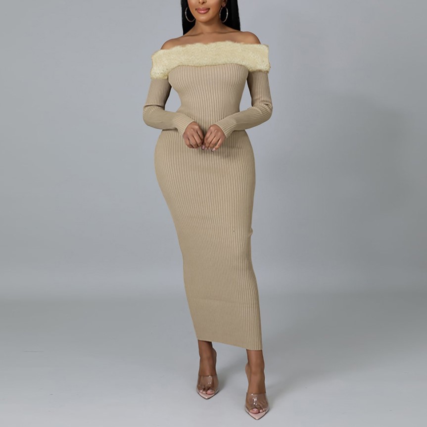 Women's Plush Stitched Knitted Pit One Shoulder Long Sleeve Slim Fit Hip Dress