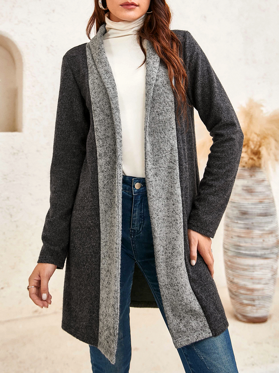 Stitching Contrast Woolen Casual Collarless Cardigan Long sleeved Coat