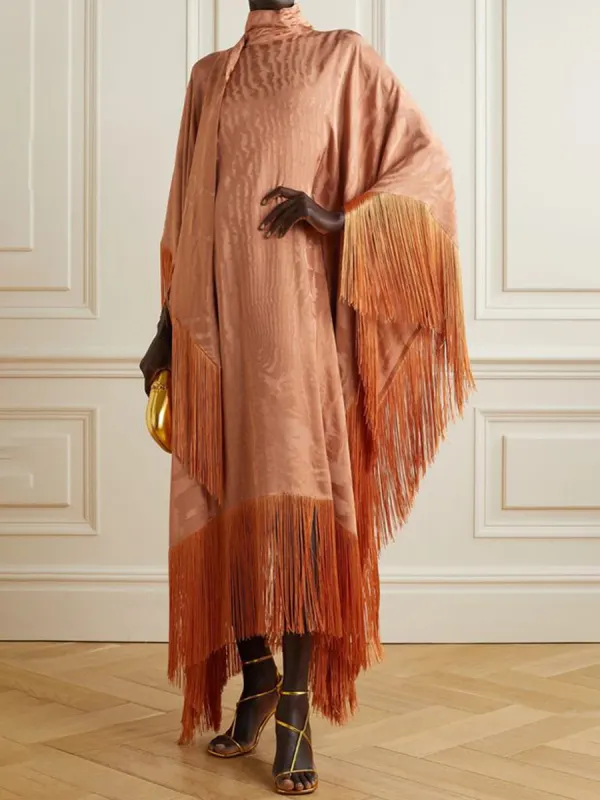 Women's Elegant Luxurious Orange Bronzed Textured Fringed Silk Maxi Dress - Minicousa.com 