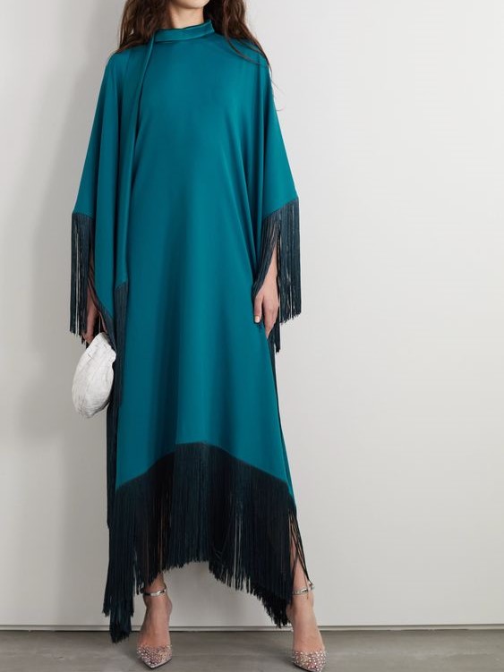 Women's Elegant Simple Dark Blue Silk Tassel Loose Evening Dress