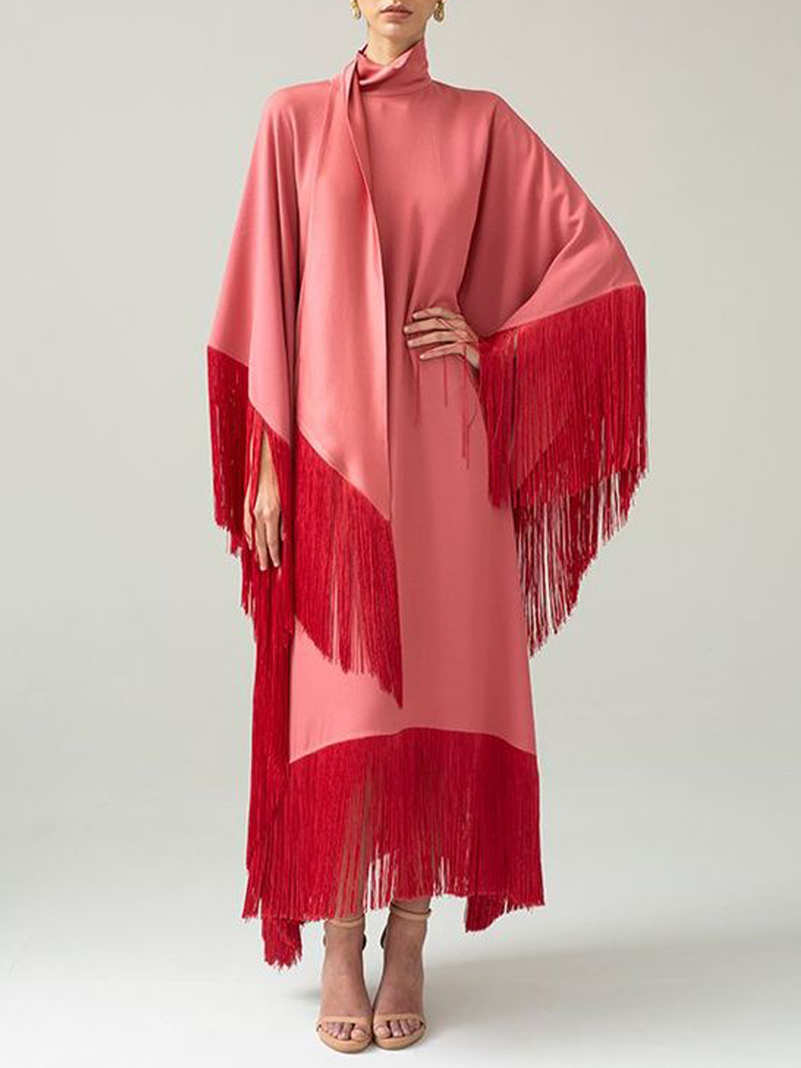 Women's Elegant Fashion Red Tencel Fringe Loose Long Dress