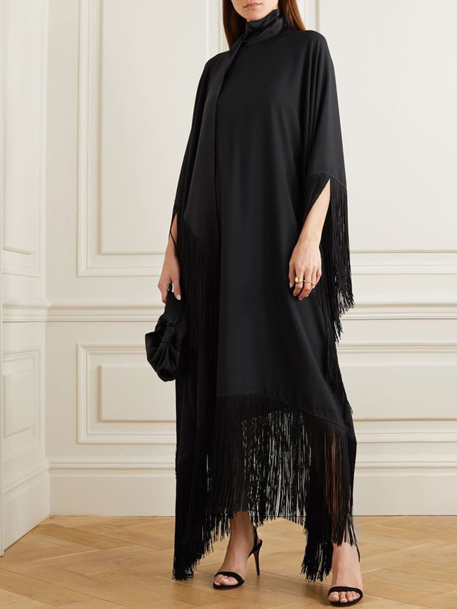 Women's Elegant Luxurious Black Satin Fringe Loose Dress Long Dress