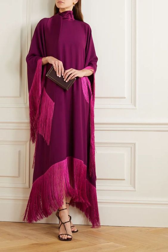 Women's Elegant Rose Tencel Fringe Dinner Dress Long Dress