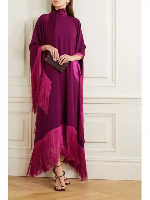 Women's Elegant Rose Tencel Fringe Dinner Dress Long Dress - Viewbena.com 