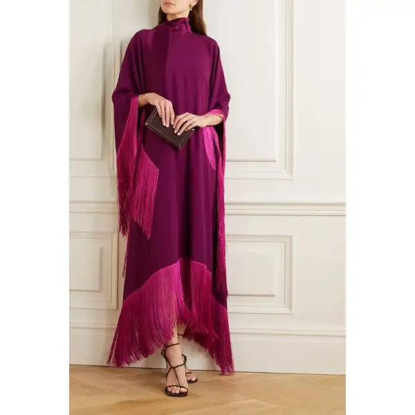 Women's Elegant Rose Tencel Fringe Dinner Dress Long Dress - Seeklit.com 