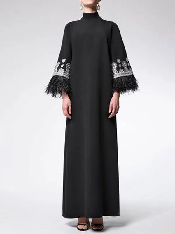 Women's Elegant Simple Black And White Contrast Print Feather Trumpet Long Sleeve Party Dress - Machoup.com 