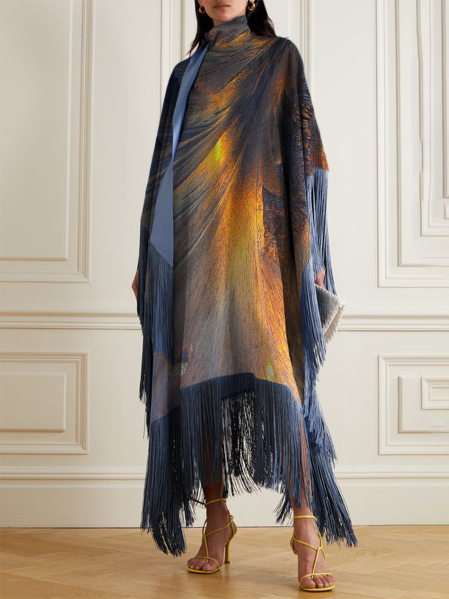 Women's Fashion Contrast Gold Print Tassel Loose Maxi Dress