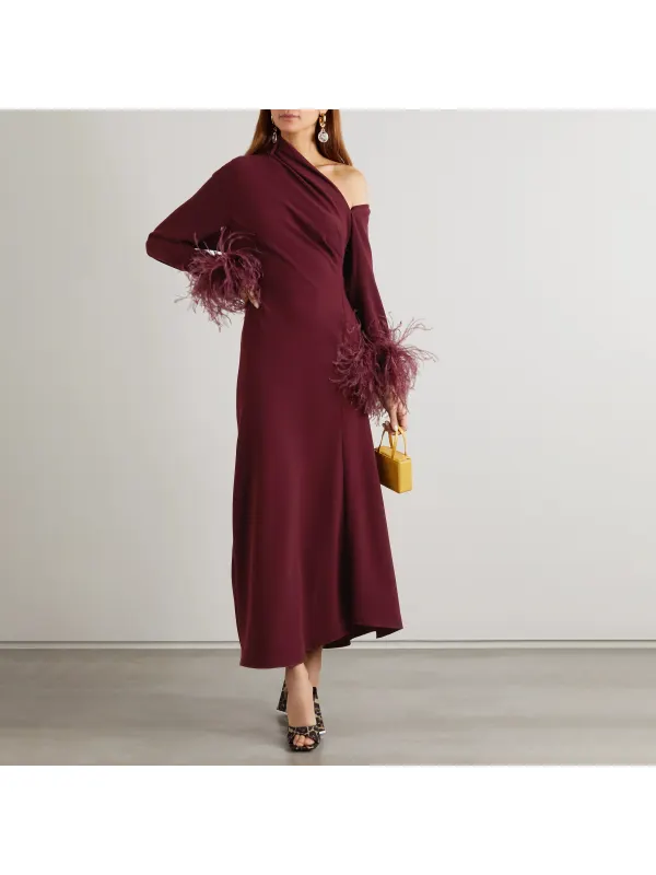 Women's Elegant Burgundy Sexy Off-the-Shoulder Feather Dress Only AED155.99 - Clubester.com 