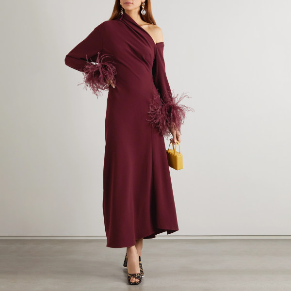 Women's Elegant Burgundy Sexy Off-the-Shoulder Feather Dress - Anystylish.com 