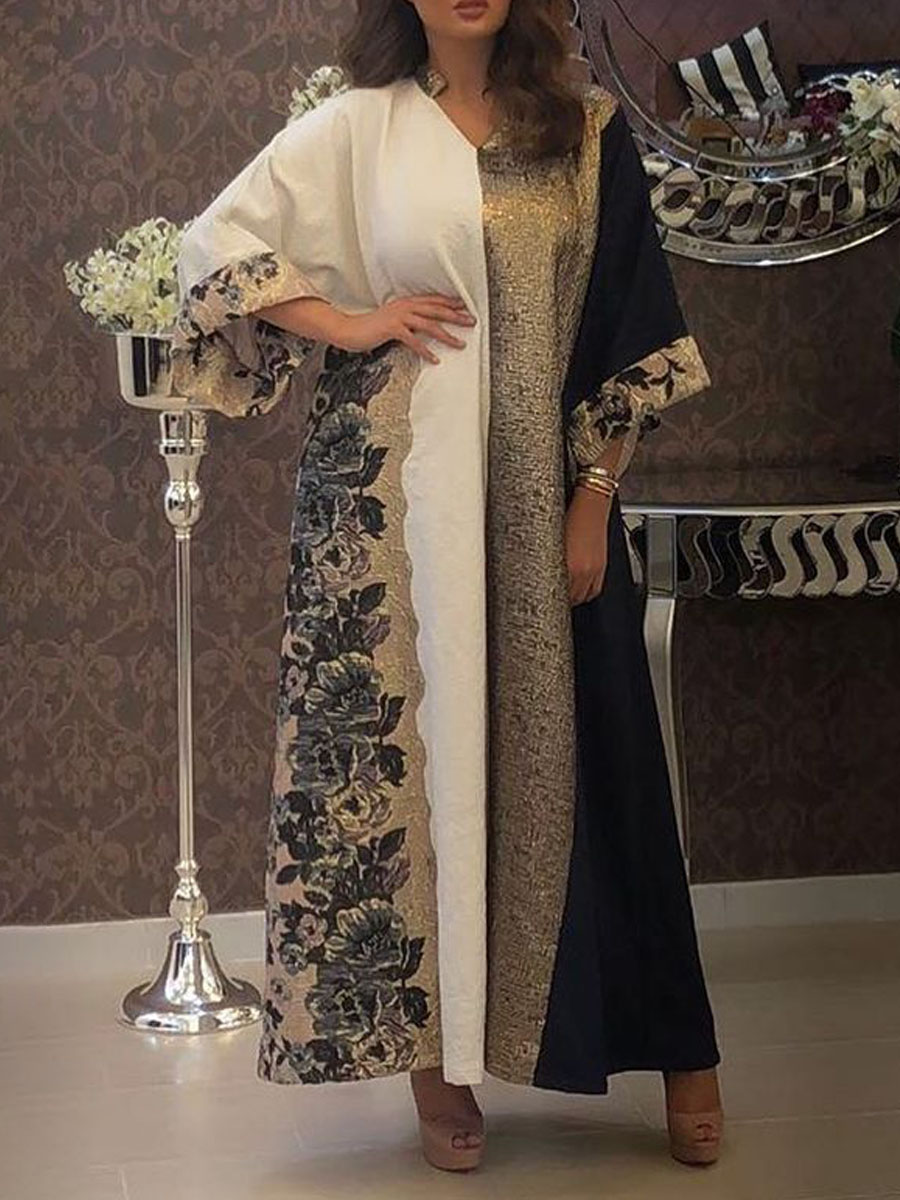Women's Elegant Vintage Hot Gold Block Stitching Print V Neck Loose Long Dress