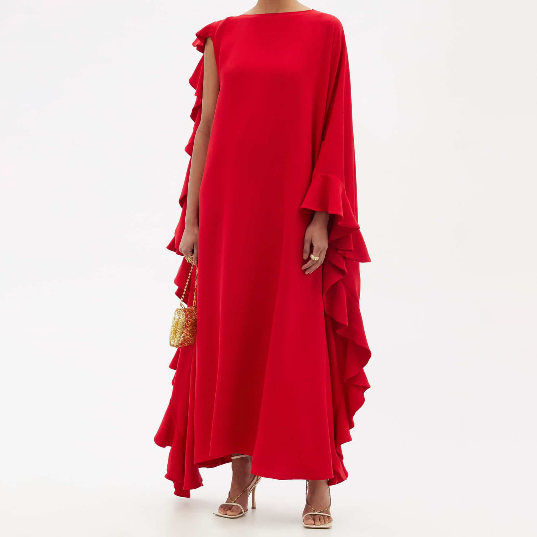 Women's Elegant Red Ruffle Asymmetric Flared Sleeve Dress