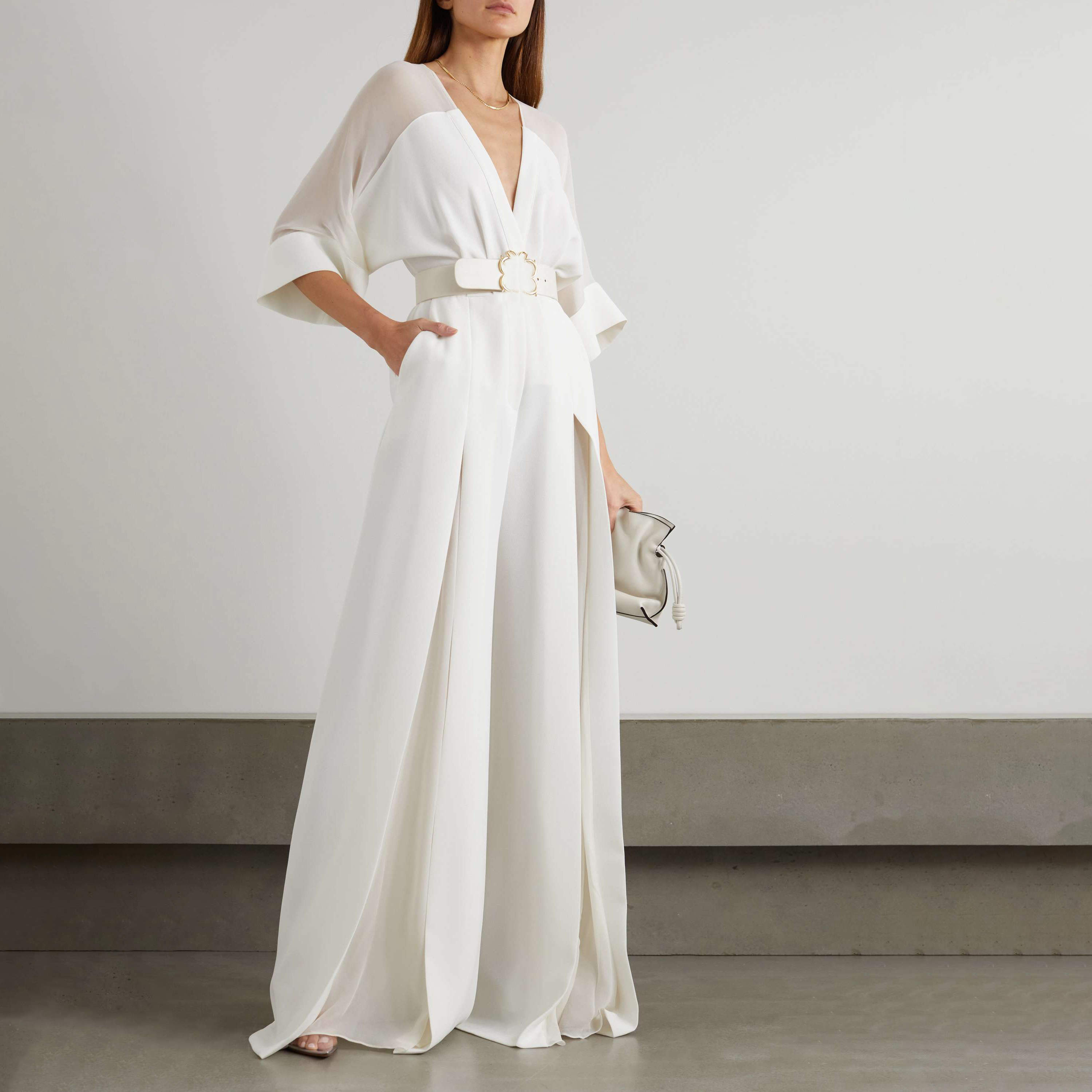 Women's Elegant V Neck Satin Panel Wide Leg Jumpsuit