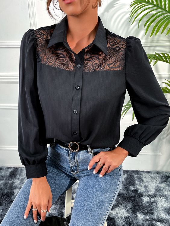 Women's Chic Elegant Black Satine Lace Panel Shirt