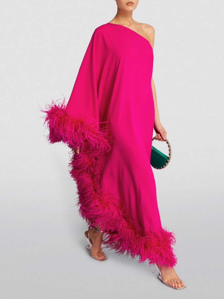 Women's Fashionable Elegant Pink Slanted Shoulder Feather Loose Long Dress