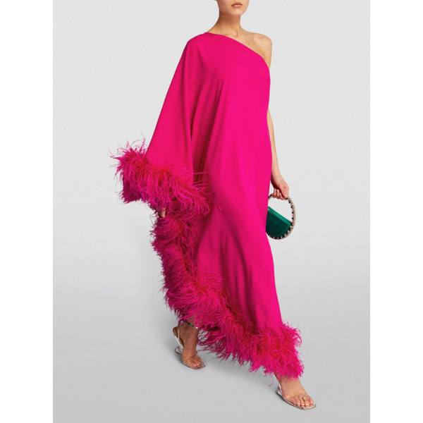 Women's Fashionable Elegant Pink Slanted Shoulder Feather Loose Long Dress - Anystylish.com 