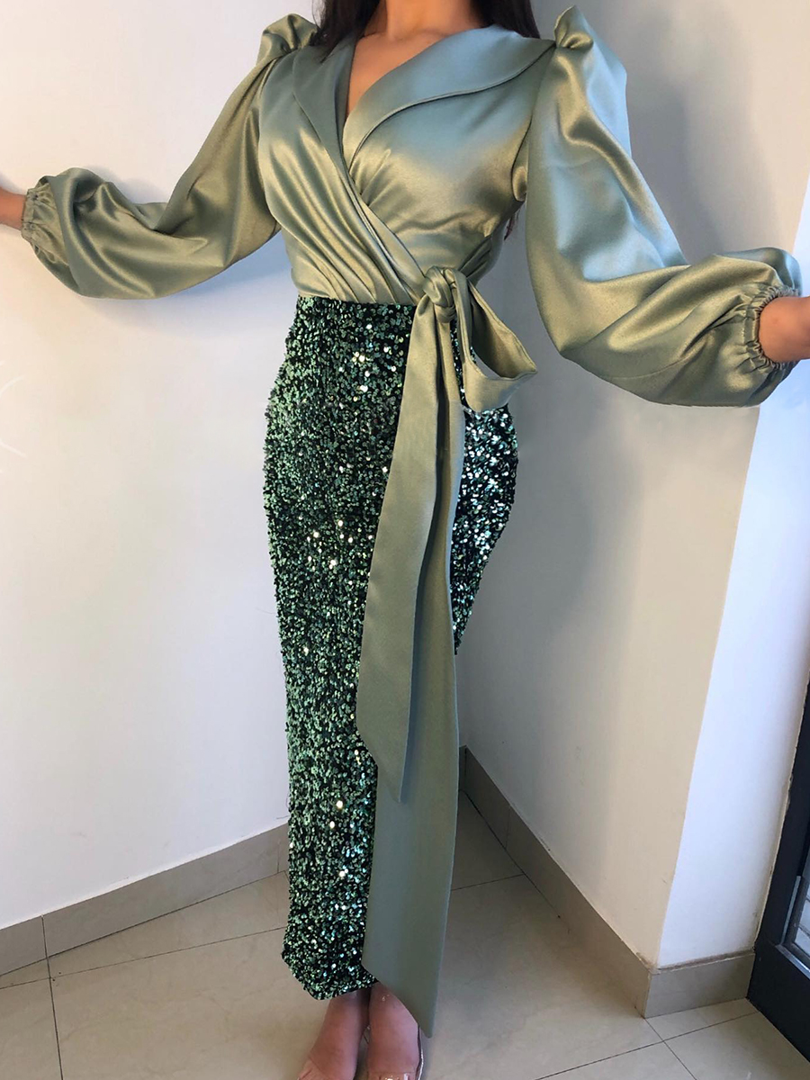 Women Fashion Satin Sequins V Neck Holiday Evening Dress