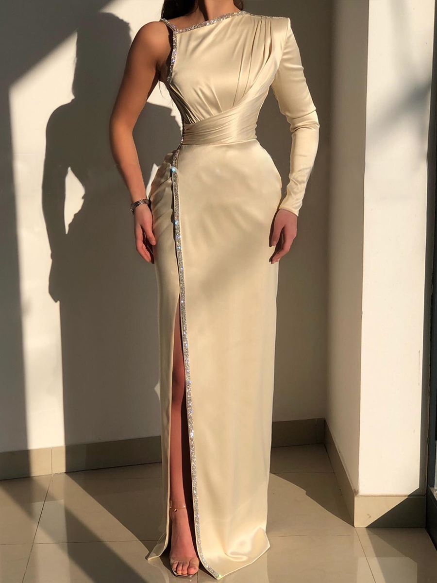 Women Fashion Satin One Shoulder Sequins Holiday Evening Dress