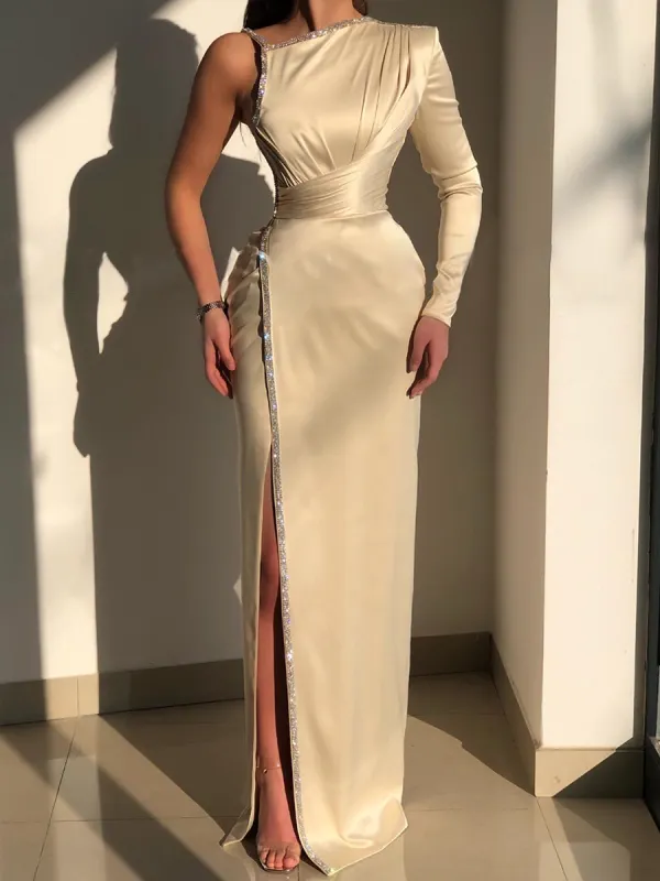 Women Fashion Satin One Shoulder Sequins Holiday Evening Dress - Anystylish.com 