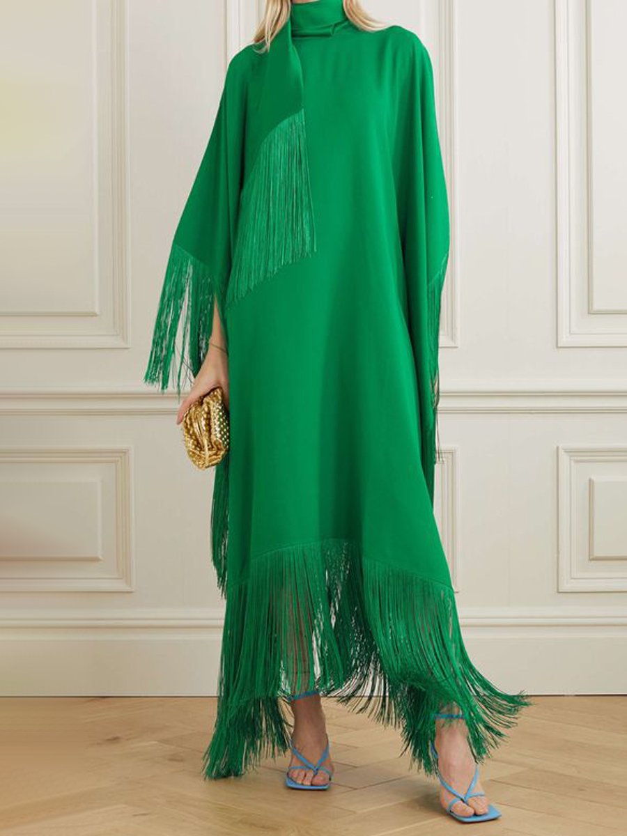 Women's Fashion Simple Green Turtleneck Tassel Loose Dress