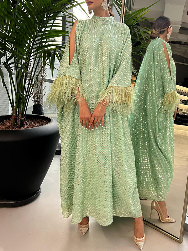 Women's Fashion Ramadan Sequins One Shoulder Holiday Kaftan Dress