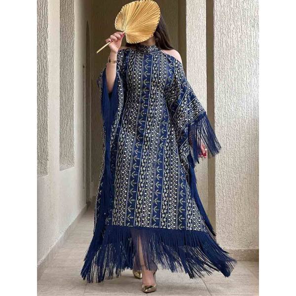 Women's Holiday Ramadan Tassel Print Kaftan Dress - Anystylish.com 