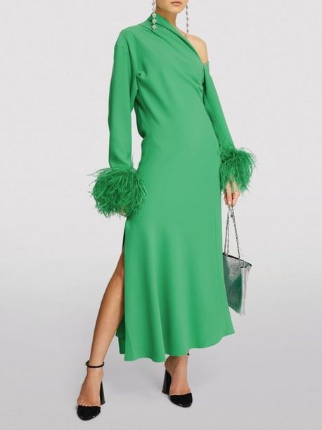 Women's Chic Elegant Sloping Shoulder Asymmetric Feather Long Sleeve Slit Dress