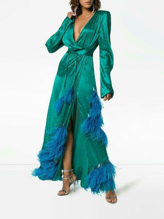 Women's Fashion Elegant Cyan Blue Ding Cross Design Feather Slit Dress