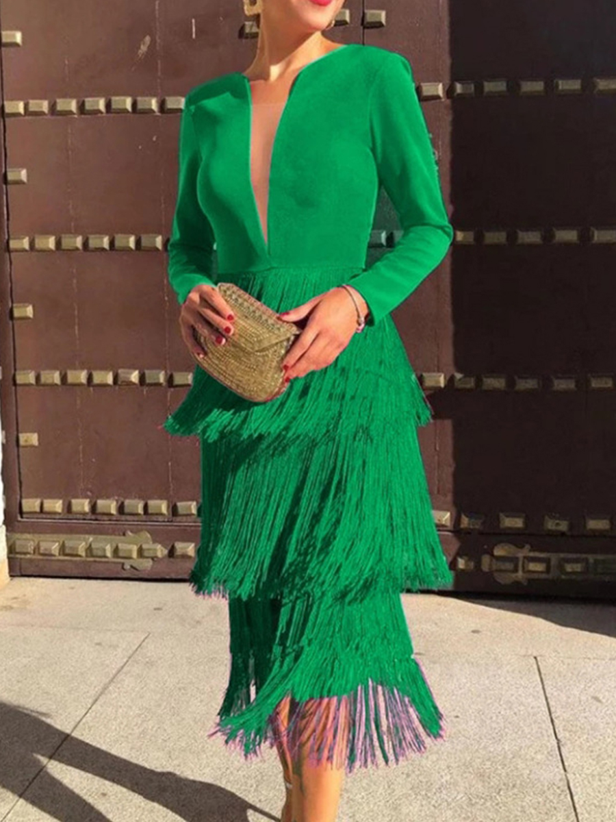 Women's Elegant Stitching Fringed High Waist Slim Pack Hip Evening Dress