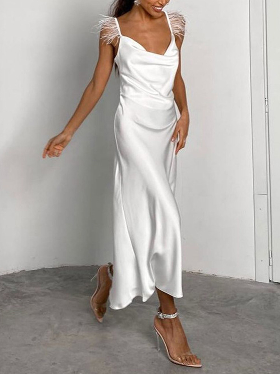 Women's Elegant V Neck Backless White Feather Slip Dress