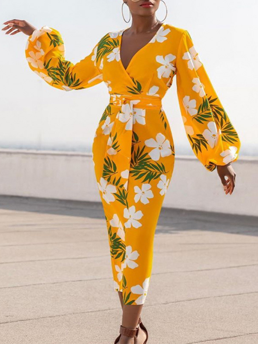 Women's Elegant Printed V Neck Bubble Long Sleeve Belt High Waist Dress Women