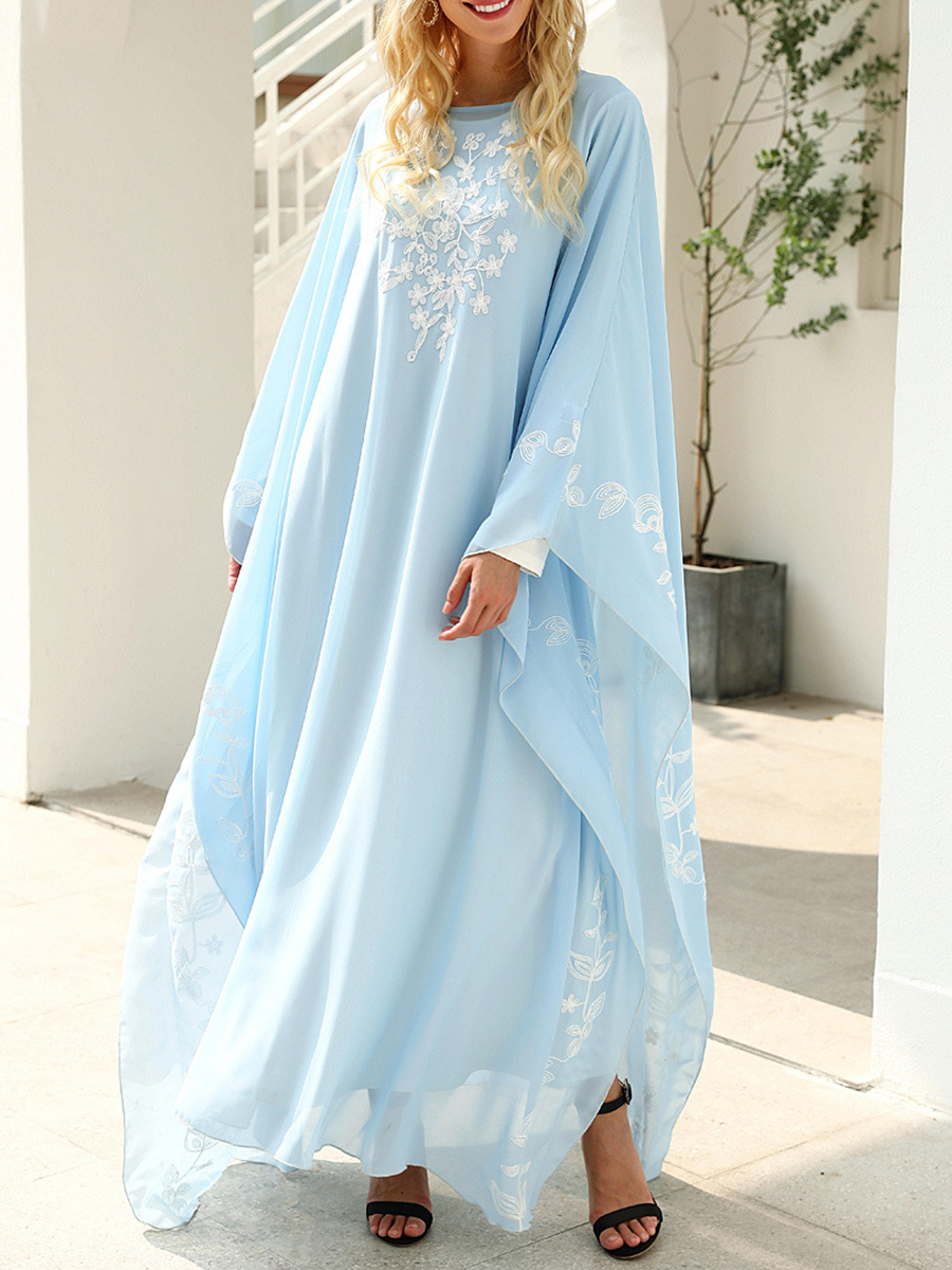Ladies Elegant Light Blue Embroidered Cape Loose Long Robe Dress