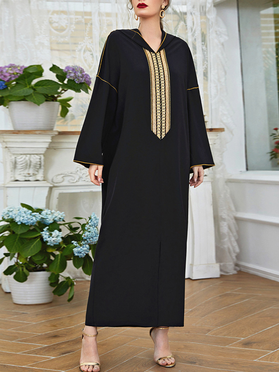 Ladies Elegant Multicolor Embroidered Hooded Robe Loose Casual Long Dress