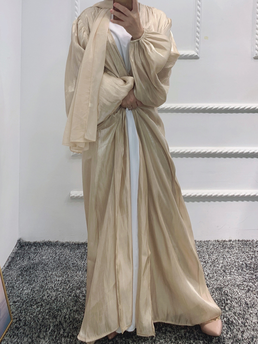 Ladies Elegant Puff Sleeve Belt Casual Long Skirt Cardigan